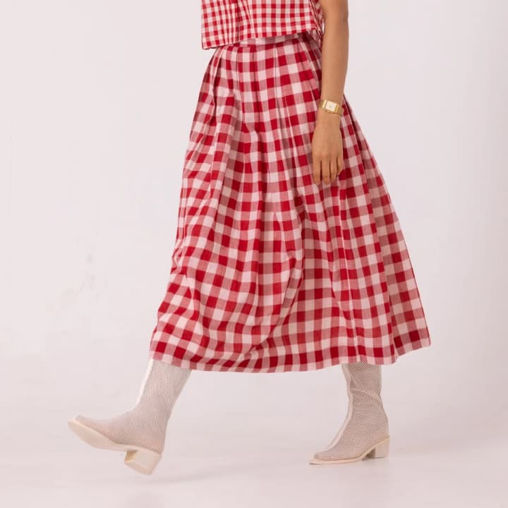 June Red Checkered Handwoven Skirt
