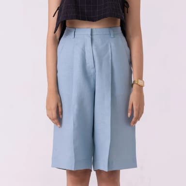 March Blue Linen Pleated Shorts